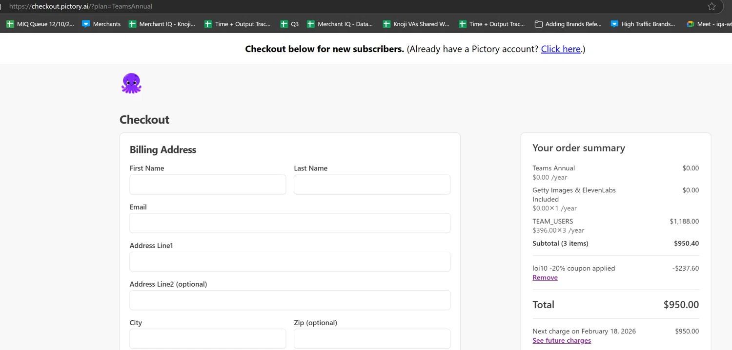 Pictory coupon code screenshot showing code loi10 applied at Pictory checkout page. Uploaded by SimplyCodes community member PopomsPapa on Feb 18, 2025