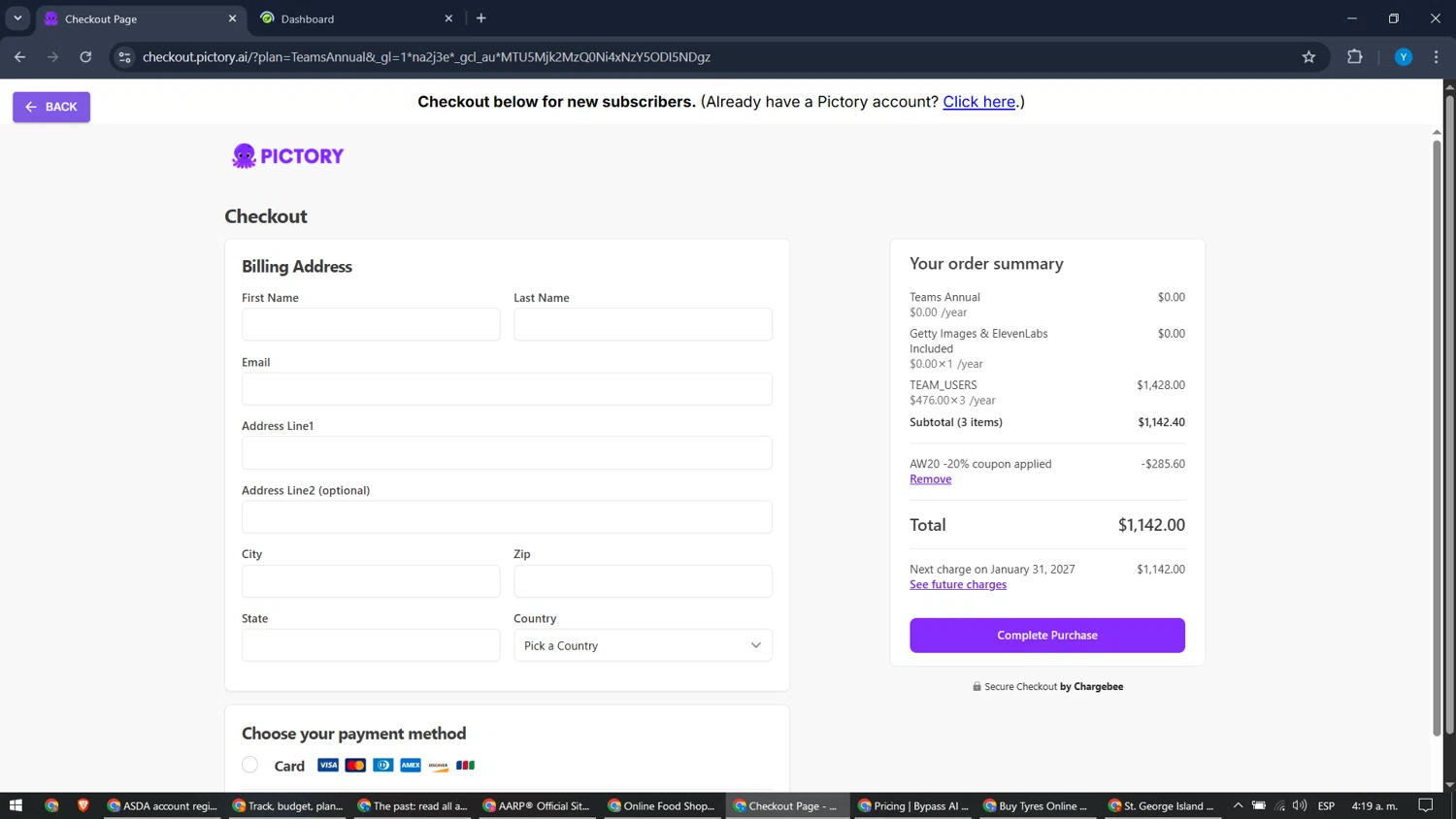 Pictory coupon code screenshot showing code AW20 applied at Pictory checkout page. Uploaded by SimplyCodes community member Motorboot on Jan 31, 2026