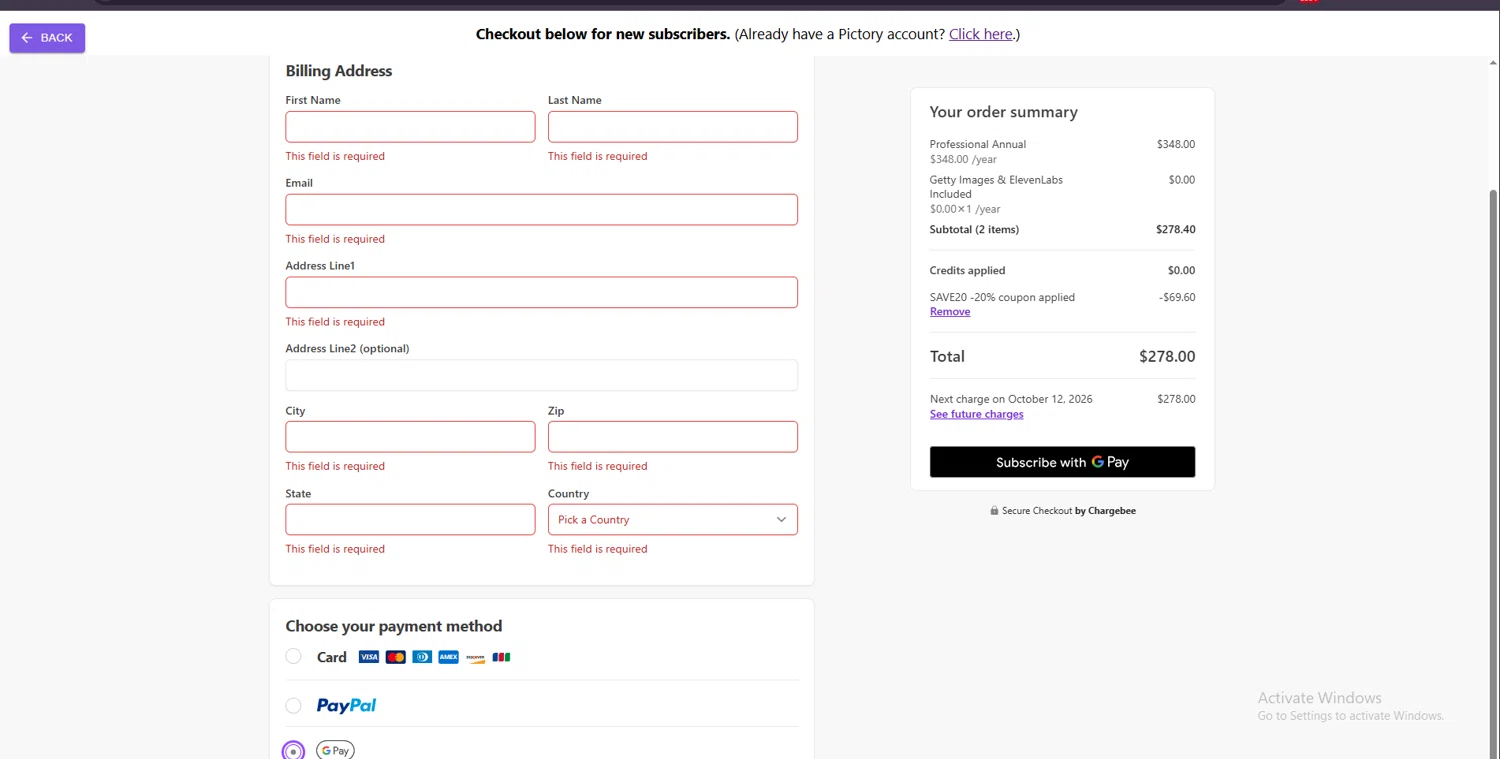 Pictory coupon code screenshot showing code SAVE20 applied at Pictory checkout page. Uploaded by SimplyCodes community member suppahdealz on Oct 12, 2025