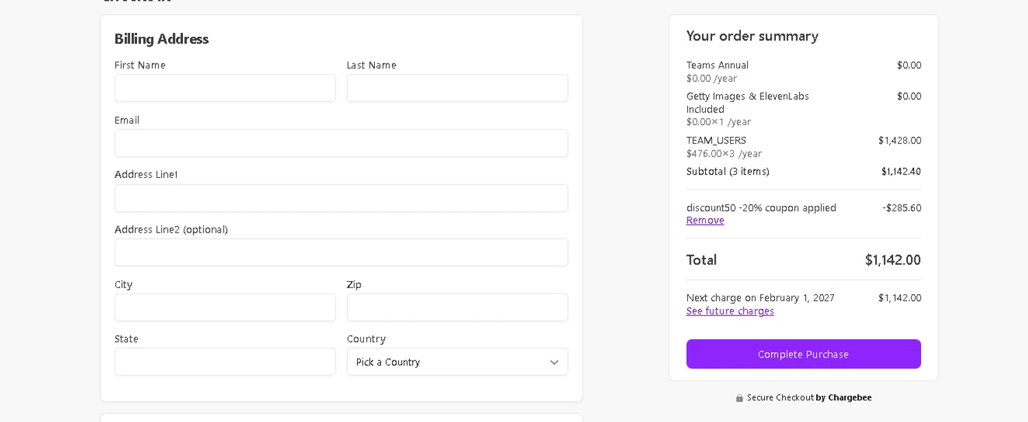 Pictory checkout page showing Pictory coupon code box | Screenshot taken by SimplyCodes community member on Feb 1, 2026