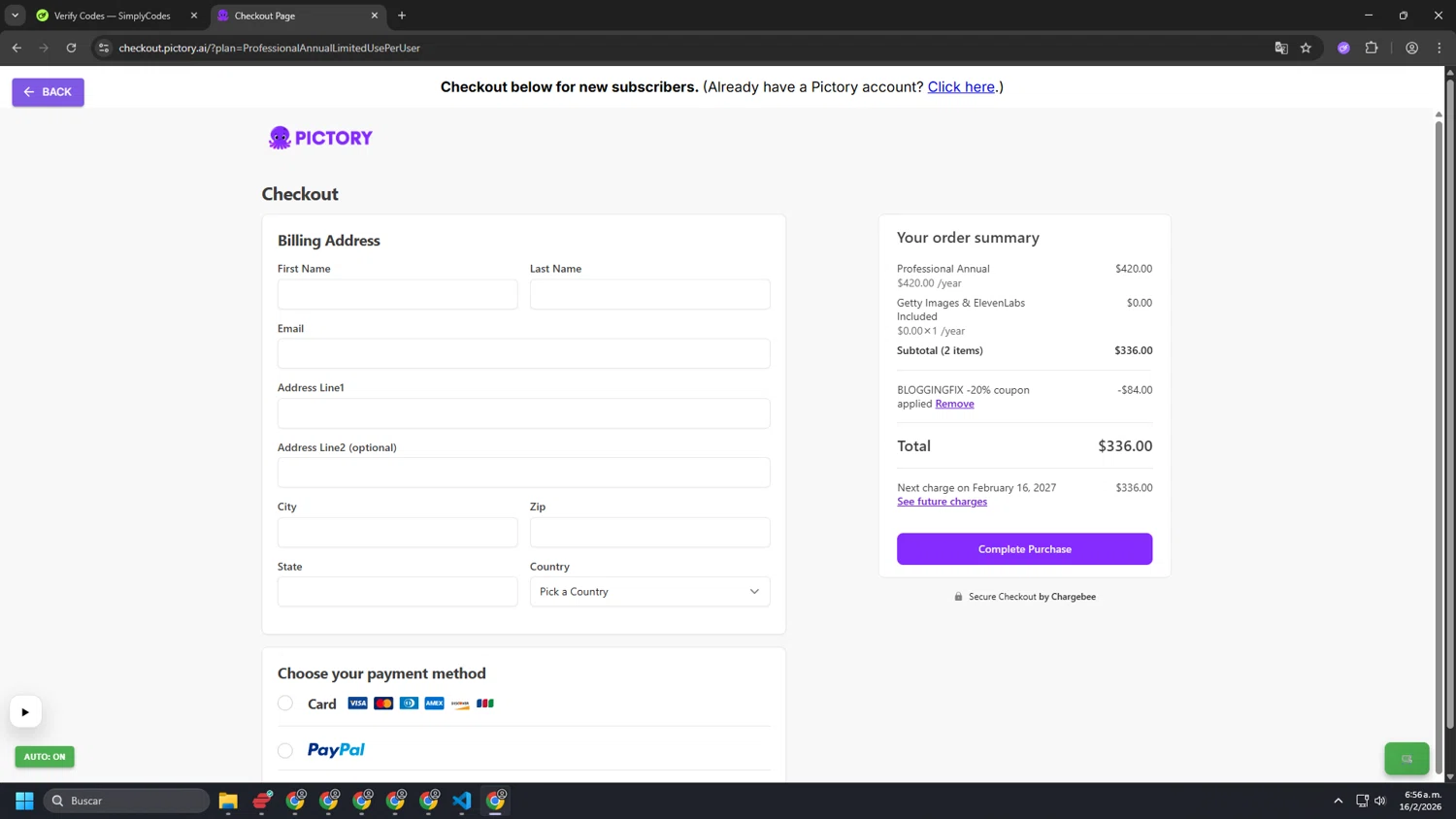 Pictory checkout page showing Pictory coupon code box | Screenshot taken by SimplyCodes community member on Feb 16, 2026