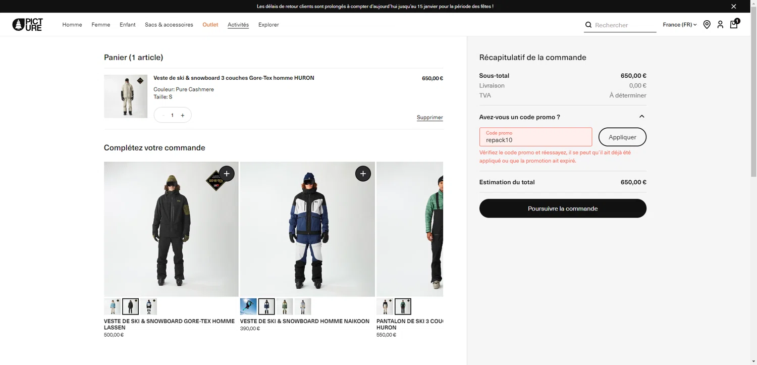 Picture Organic Clothing promo code screenshot showing code repack10 applied at Picture Organic Clothing checkout page. Uploaded by SimplyCodes community member CrownWhiz8114 on Nov 17, 2025