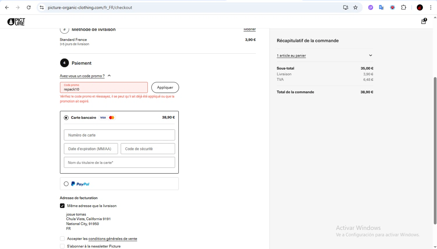 Picture Organic Clothing promo code screenshot showing code repack10 applied at Picture Organic Clothing checkout page. Uploaded by SimplyCodes community member Francisco01 on Nov 17, 2025