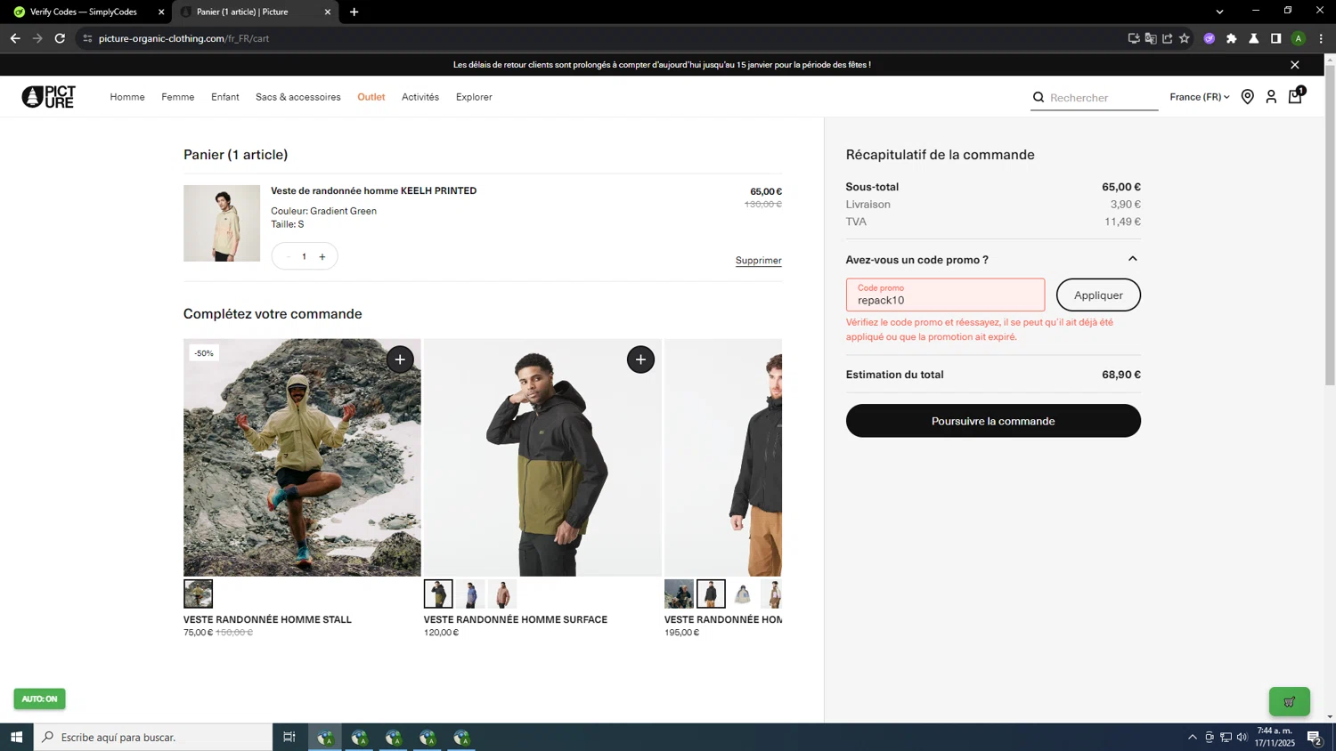 Picture Organic Clothing promo code screenshot showing code repack10 applied at Picture Organic Clothing checkout page. Uploaded by SimplyCodes community member INSECTOS on Nov 17, 2025