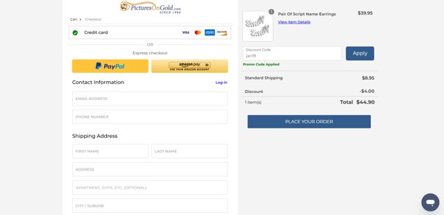 PicturesOnGold checkout page showing PicturesOnGold promo code box | Screenshot taken by SimplyCodes community member on Aug 19, 2025