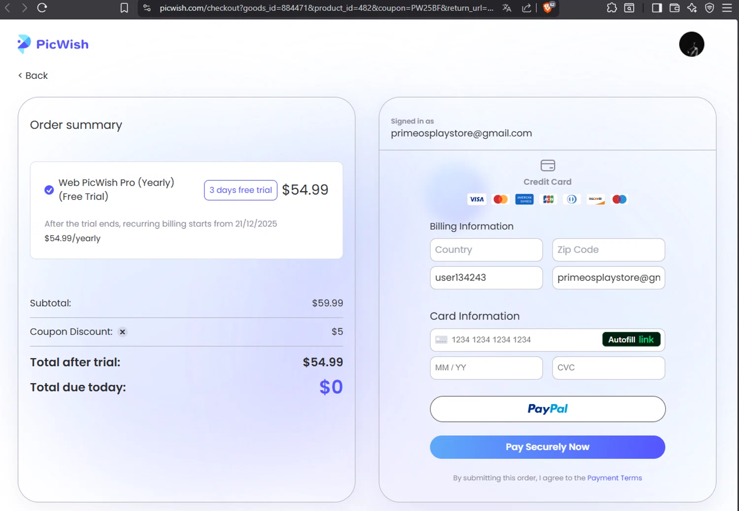PicWish coupon code screenshot showing code PW25BF applied at PicWish checkout page. Uploaded by SimplyCodes community member 1763PrettyViewLane on Dec 19, 2025