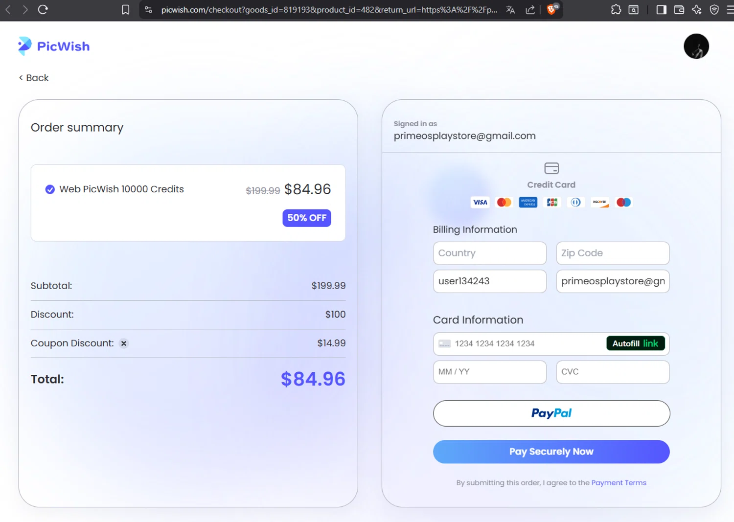 PicWish coupon code screenshot showing code HY15OFF applied at PicWish checkout page. Uploaded by SimplyCodes community member 1763PrettyViewLane on Feb 4, 2026