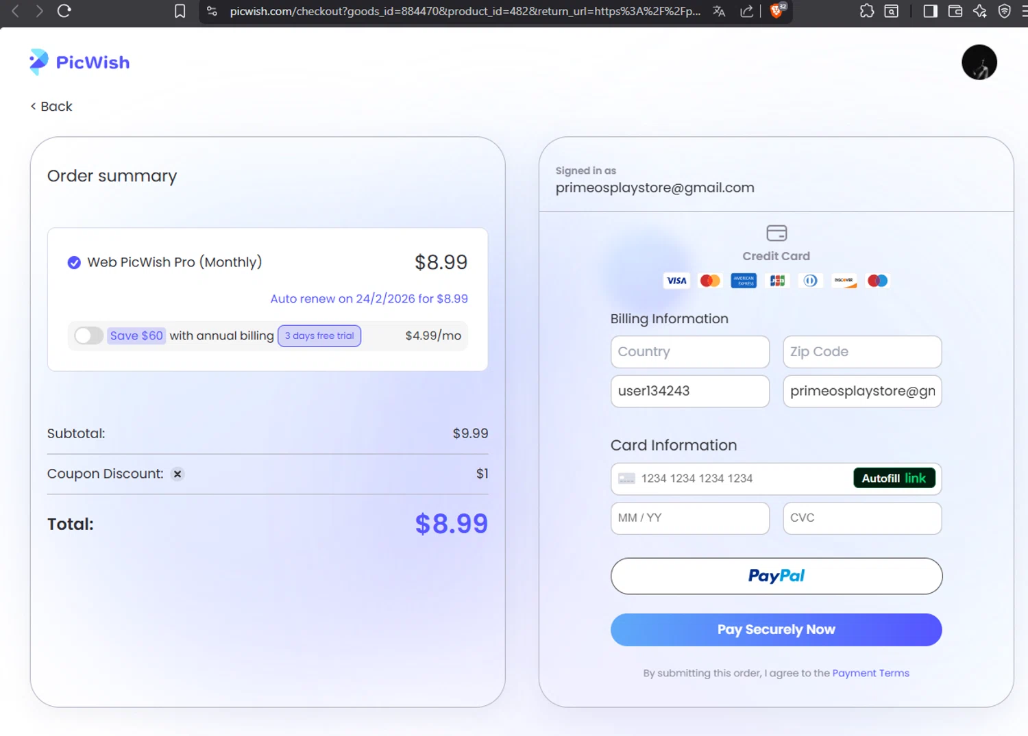 PicWish coupon code screenshot showing code DIGIBILI10 applied at PicWish checkout page. Uploaded by SimplyCodes community member 1763PrettyViewLane on Jan 25, 2026