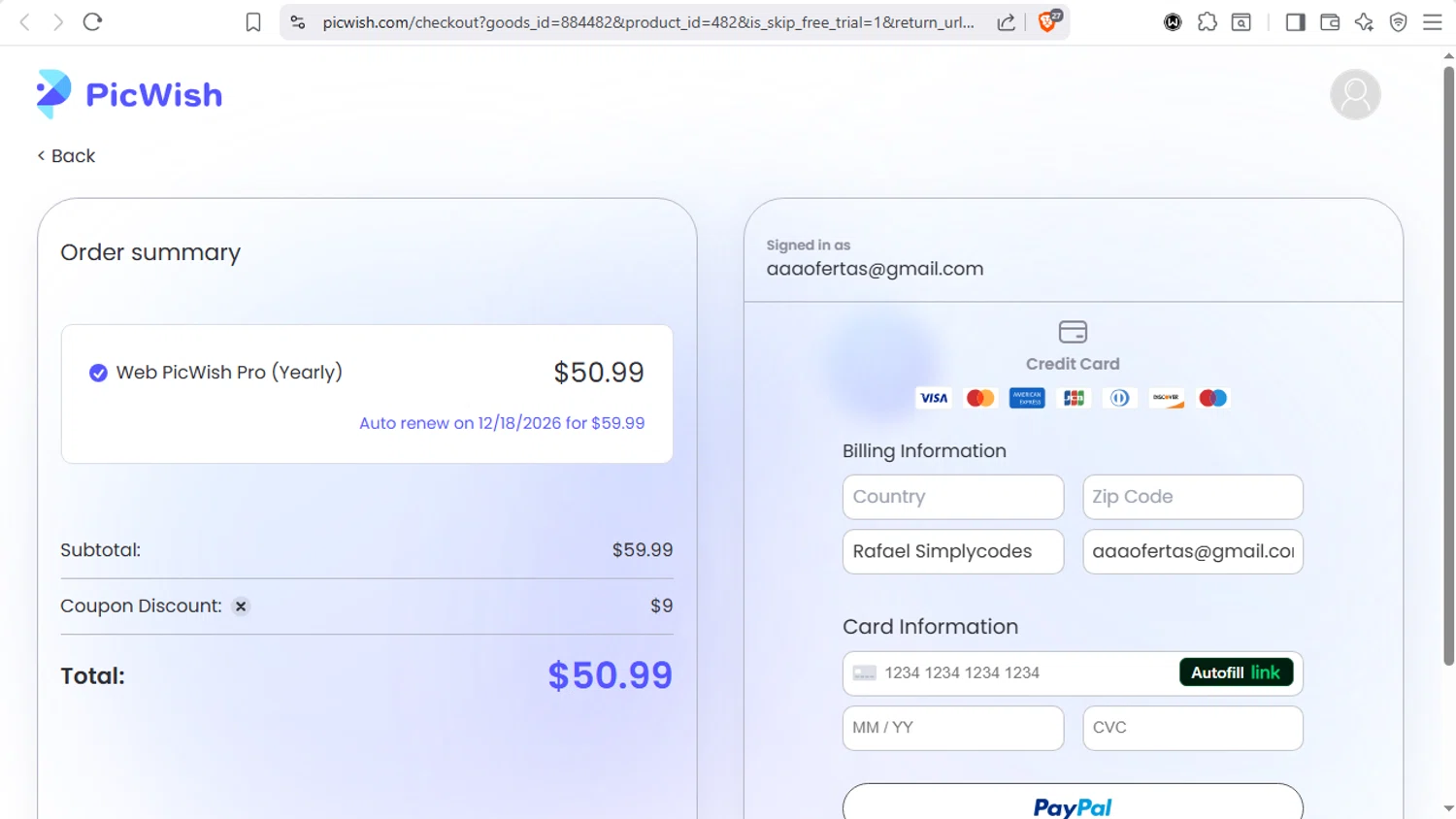 PicWish coupon code screenshot showing code HONEY15 applied at PicWish checkout page. Uploaded by SimplyCodes community member dayselis15 on Dec 18, 2025