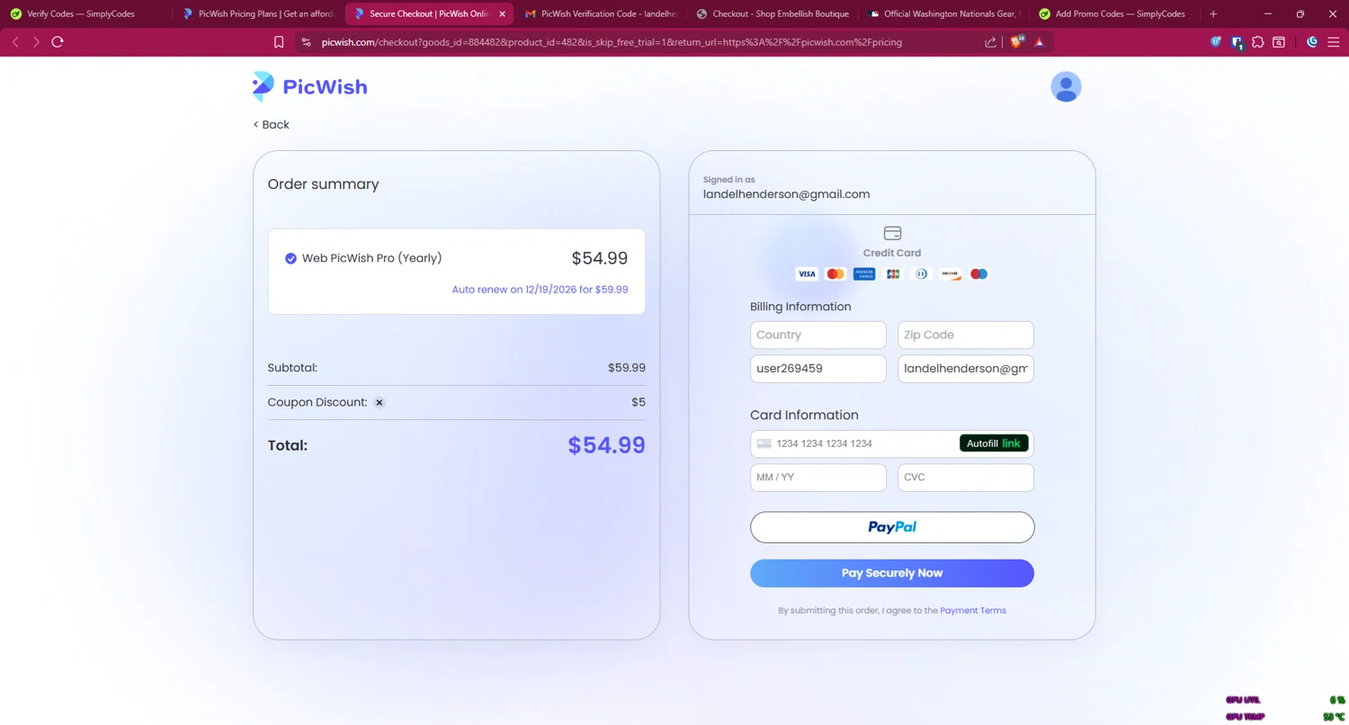 PicWish coupon code screenshot showing code PW25BF applied at PicWish checkout page. Uploaded by SimplyCodes community member 1323535 on Dec 19, 2025