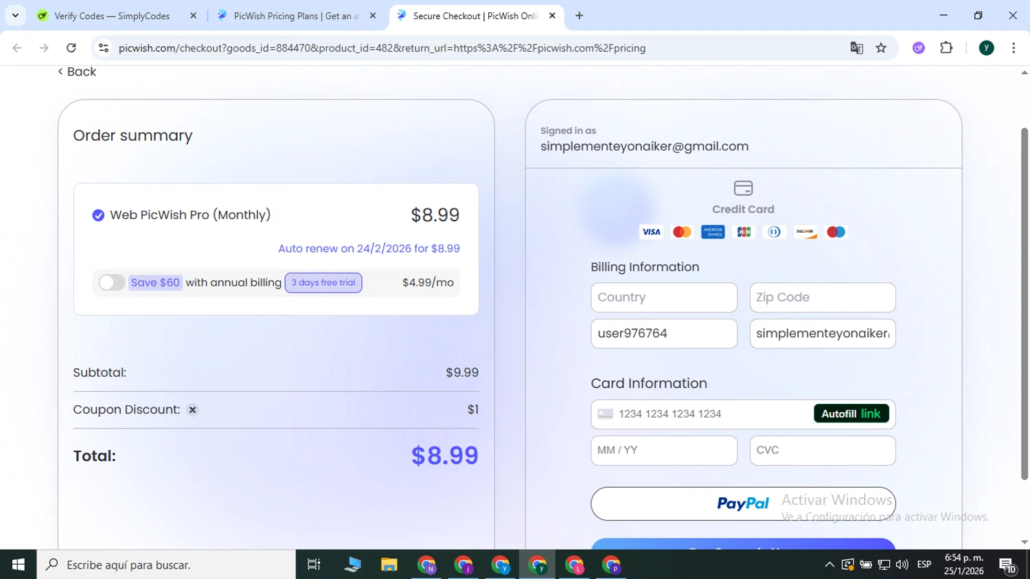 PicWish coupon code screenshot showing code DIGIBILI10 applied at PicWish checkout page. Uploaded by SimplyCodes community member VoucherSpotter6910 on Jan 25, 2026