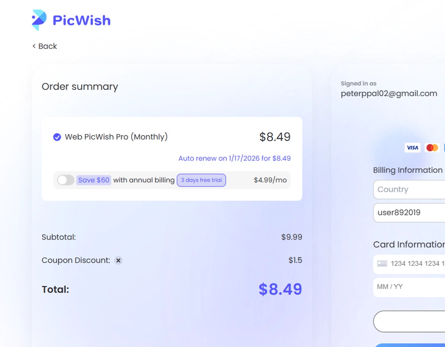 PicWish coupon code screenshot showing code HONEY15 applied at PicWish checkout page. Uploaded by SimplyCodes community member PrimeMaverick5747 on Dec 18, 2025