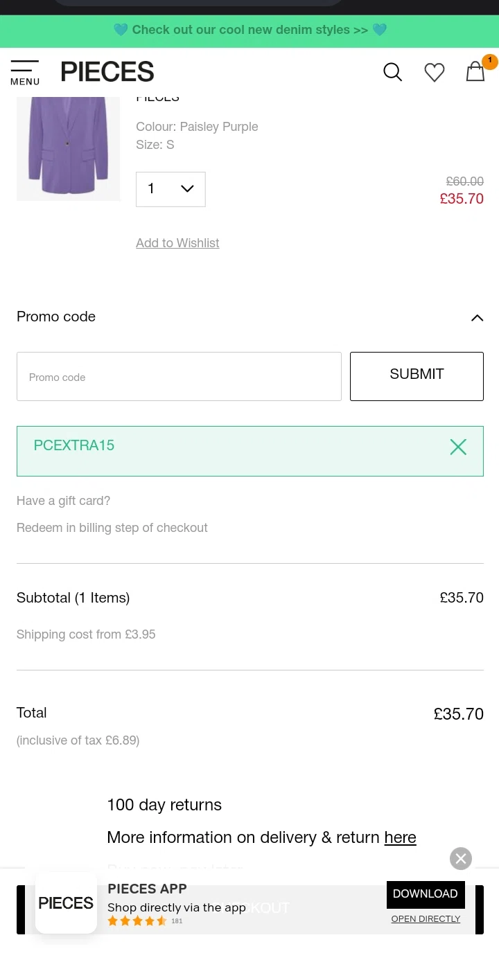 PIECES UK checkout page showing PIECES UK promo code box | Screenshot taken by SimplyCodes community member on Mar 12, 2023