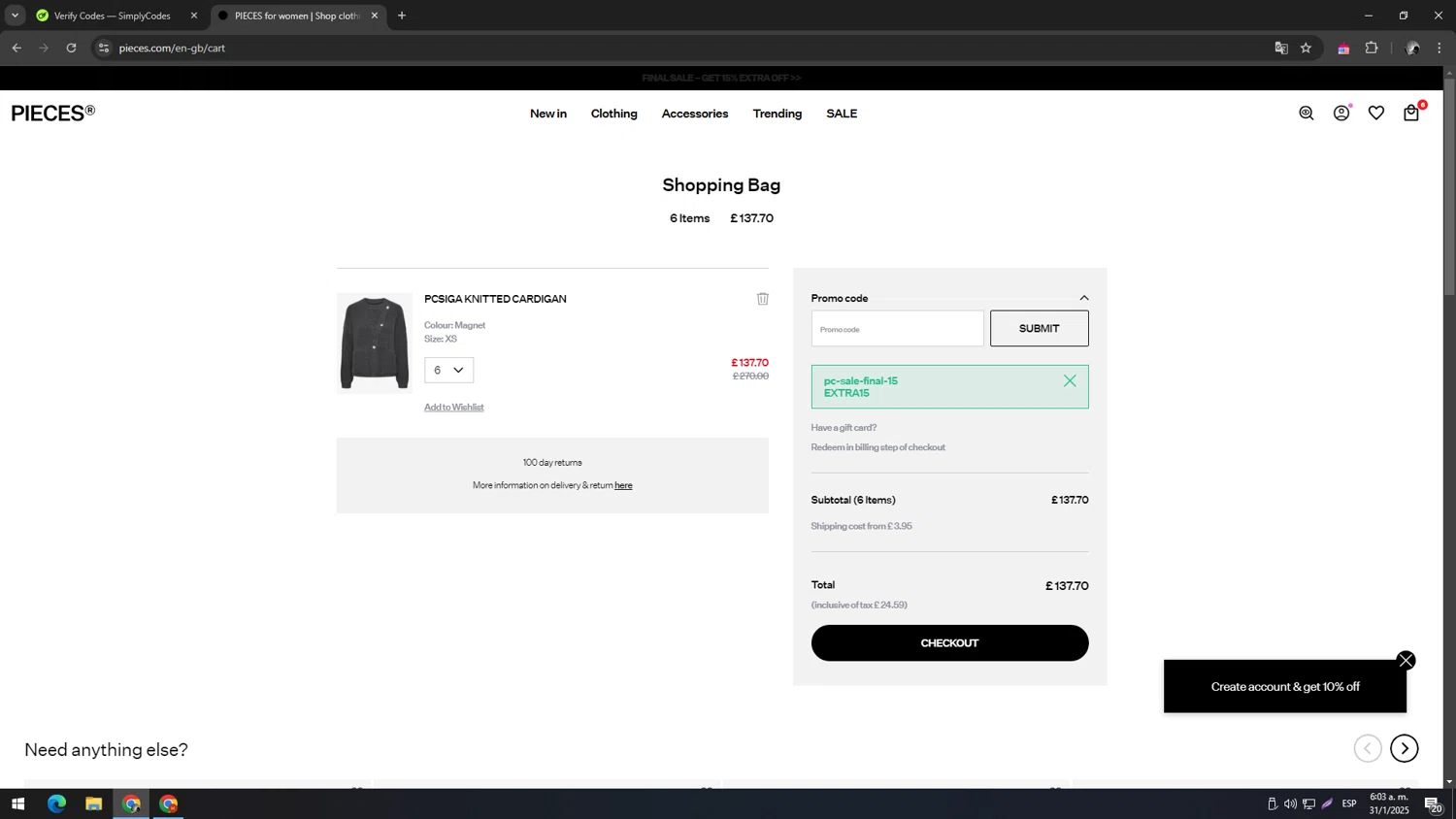 PIECES UK checkout page showing PIECES UK promo code box | Screenshot taken by SimplyCodes community member on Jan 31, 2025