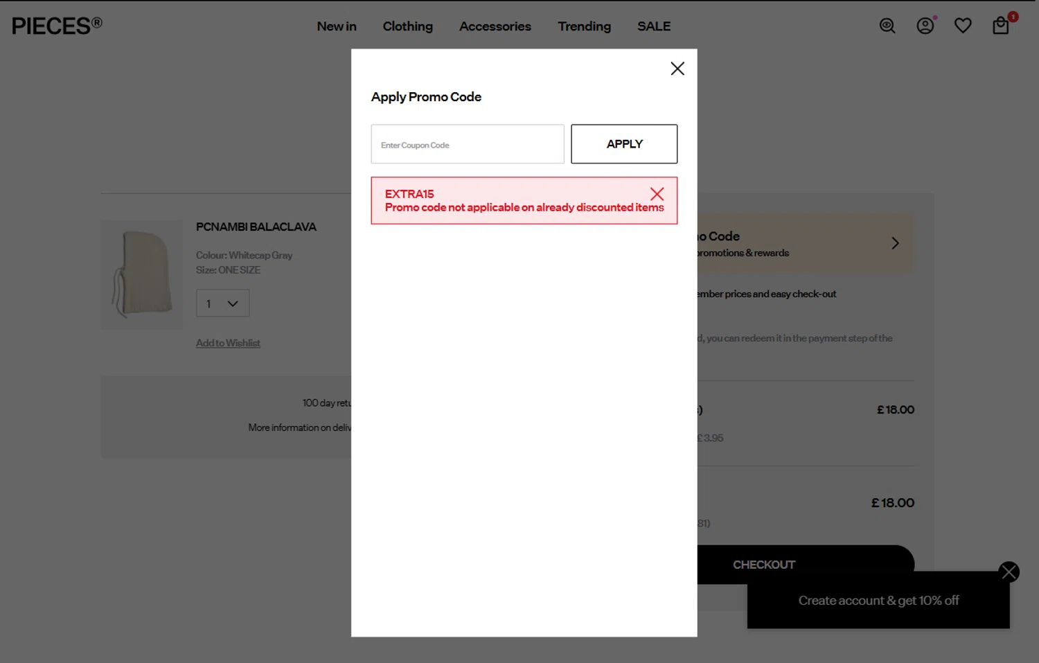 PIECES UK checkout page showing PIECES UK promo code box | Screenshot taken by SimplyCodes community member on Mar 27, 2025