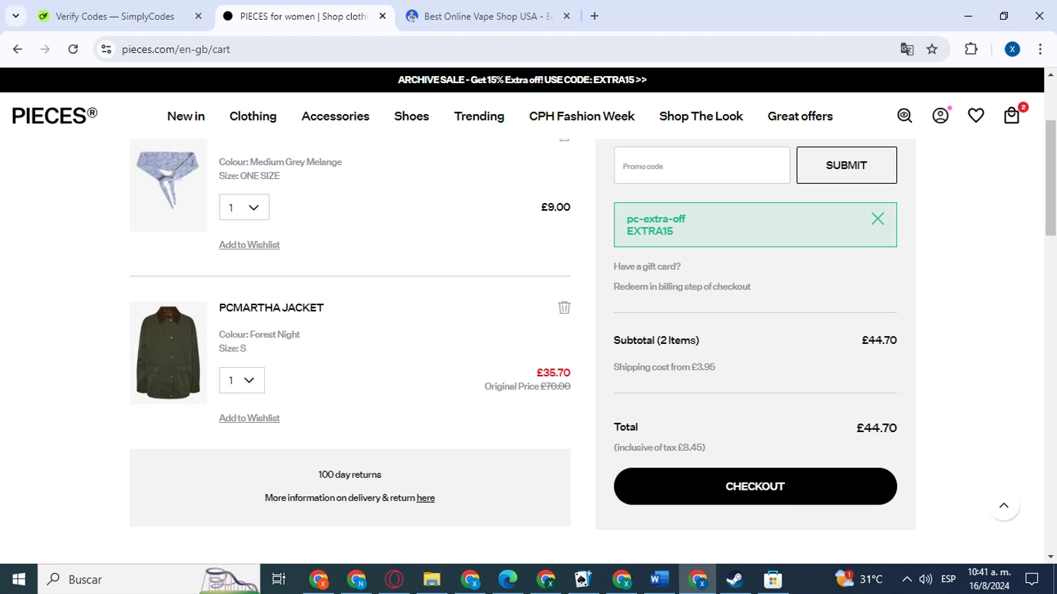 PIECES UK checkout page showing PIECES UK promo code box | Screenshot taken by SimplyCodes community member on Aug 16, 2024