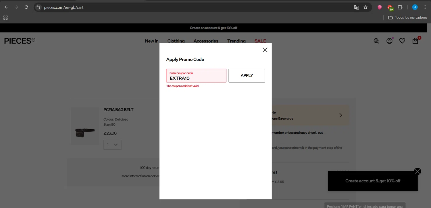 PIECES UK promo code screenshot showing code EXTRA10 applied at PIECES UK checkout page. Uploaded by SimplyCodes community member Jeanjc on Jul 18, 2025