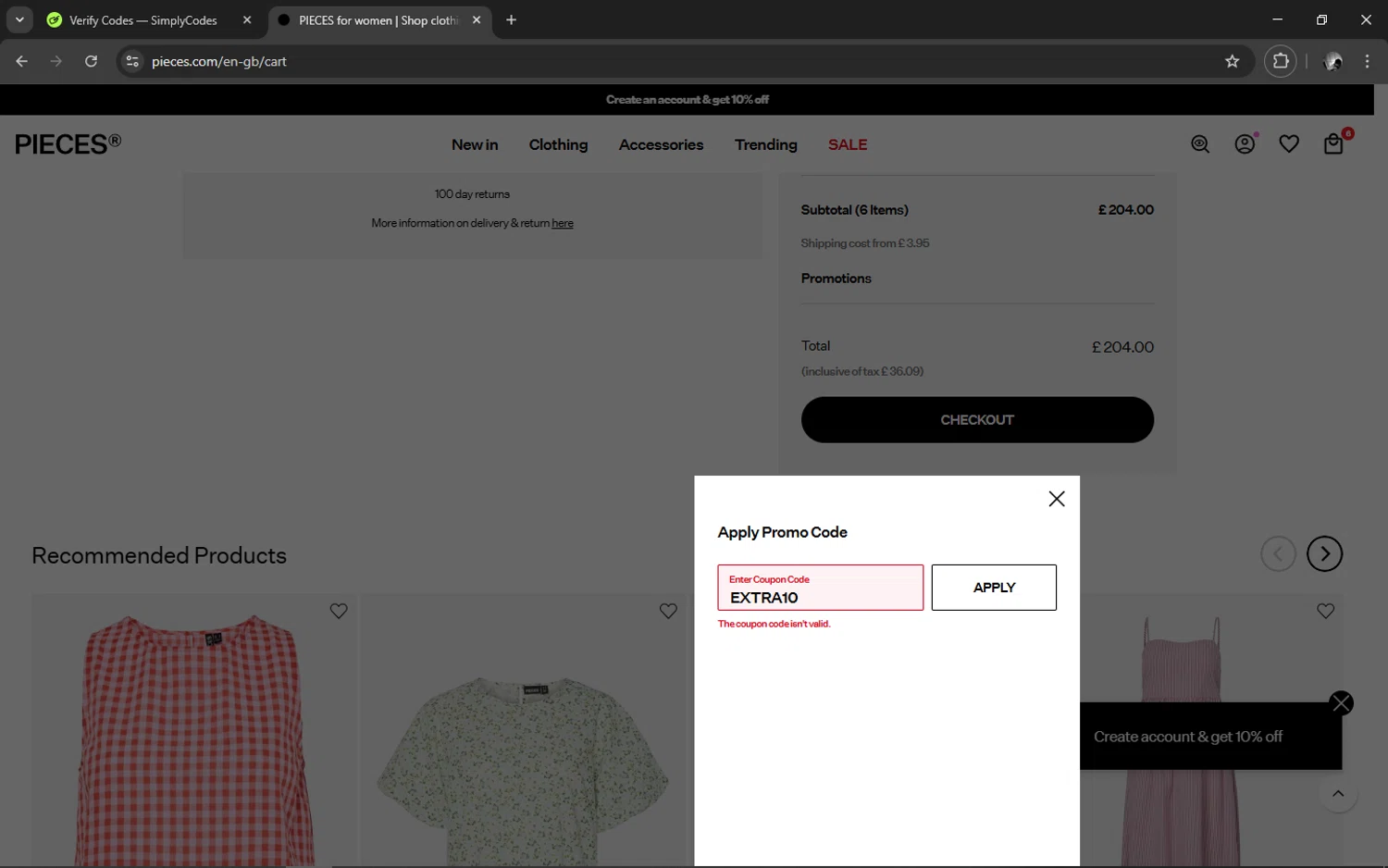 PIECES UK promo code screenshot showing code EXTRA10 applied at PIECES UK checkout page. Uploaded by SimplyCodes community member ELMARRON on Jul 18, 2025