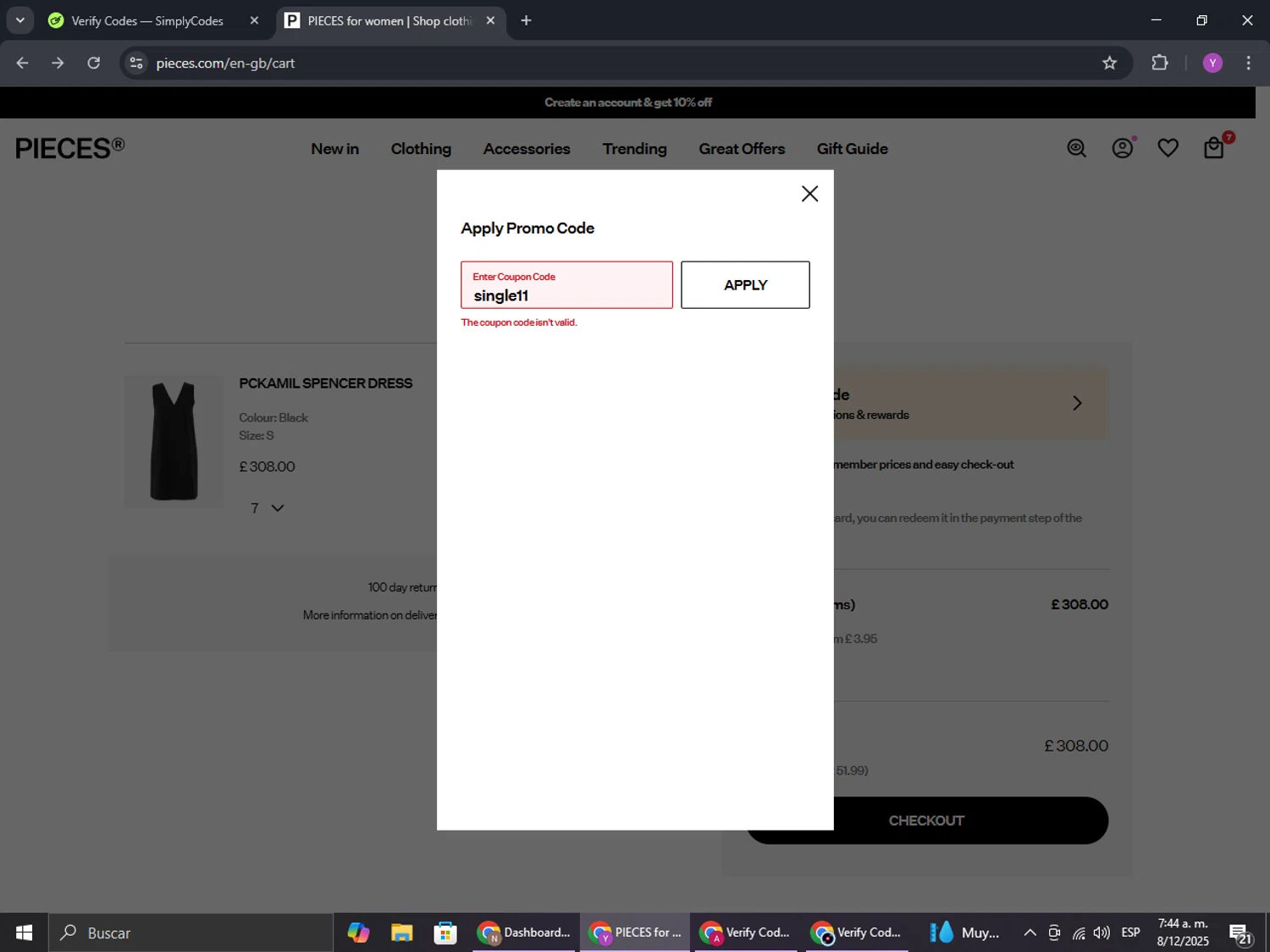 PIECES UK promo code screenshot showing code single11 applied at PIECES UK checkout page. Uploaded by SimplyCodes community member ExtraordinaryHunter3076 on Dec 8, 2025