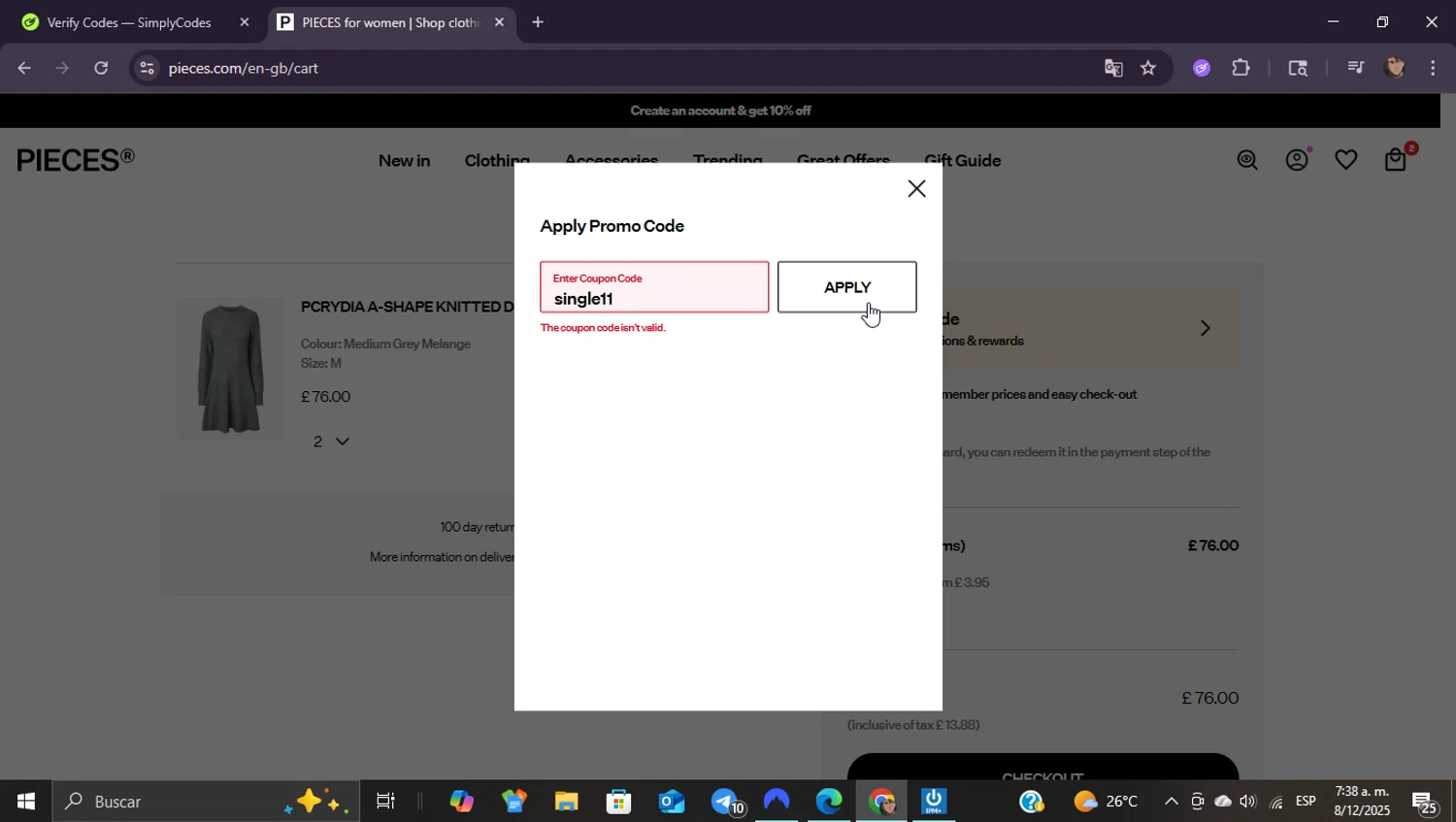 PIECES UK promo code screenshot showing code single11 applied at PIECES UK checkout page. Uploaded by SimplyCodes community member ShieldEagle9436 on Dec 8, 2025