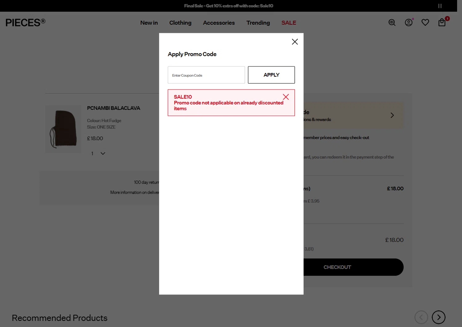 PIECES UK promo code screenshot showing code SALE10 applied at PIECES UK checkout page. Uploaded by SimplyCodes community member VoucherFinder3467 on Jan 29, 2026