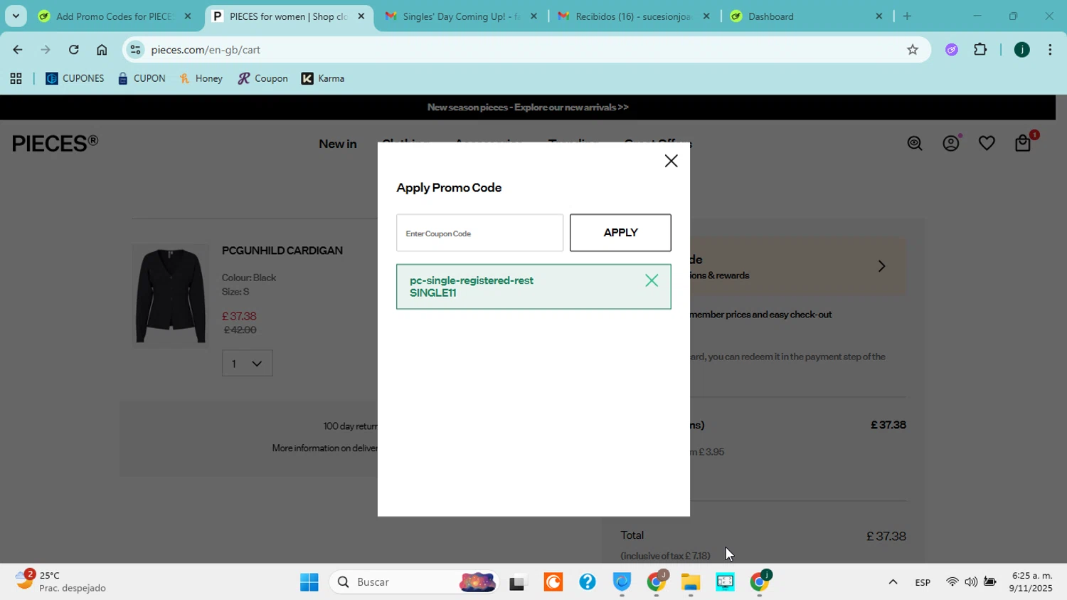 PIECES UK promo code screenshot showing code single11 applied at PIECES UK checkout page. Uploaded by SimplyCodes community member jorgejavierherrera on Nov 9, 2025