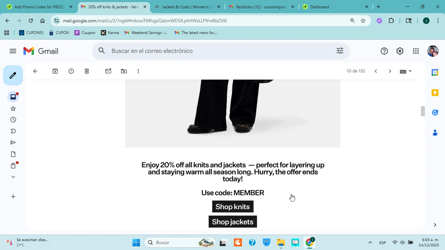 PIECES UK promo code screenshot showing code member applied at PIECES UK checkout page. Uploaded by SimplyCodes community member jorgejavierherrera on Dec 14, 2025
