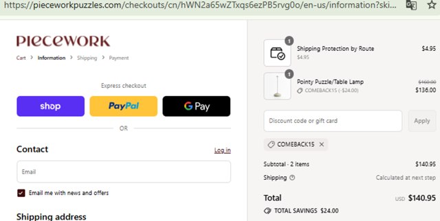 Piecework Puzzles checkout page showing Piecework Puzzles promo code box | Screenshot taken by SimplyCodes community member on Sep 4, 2025