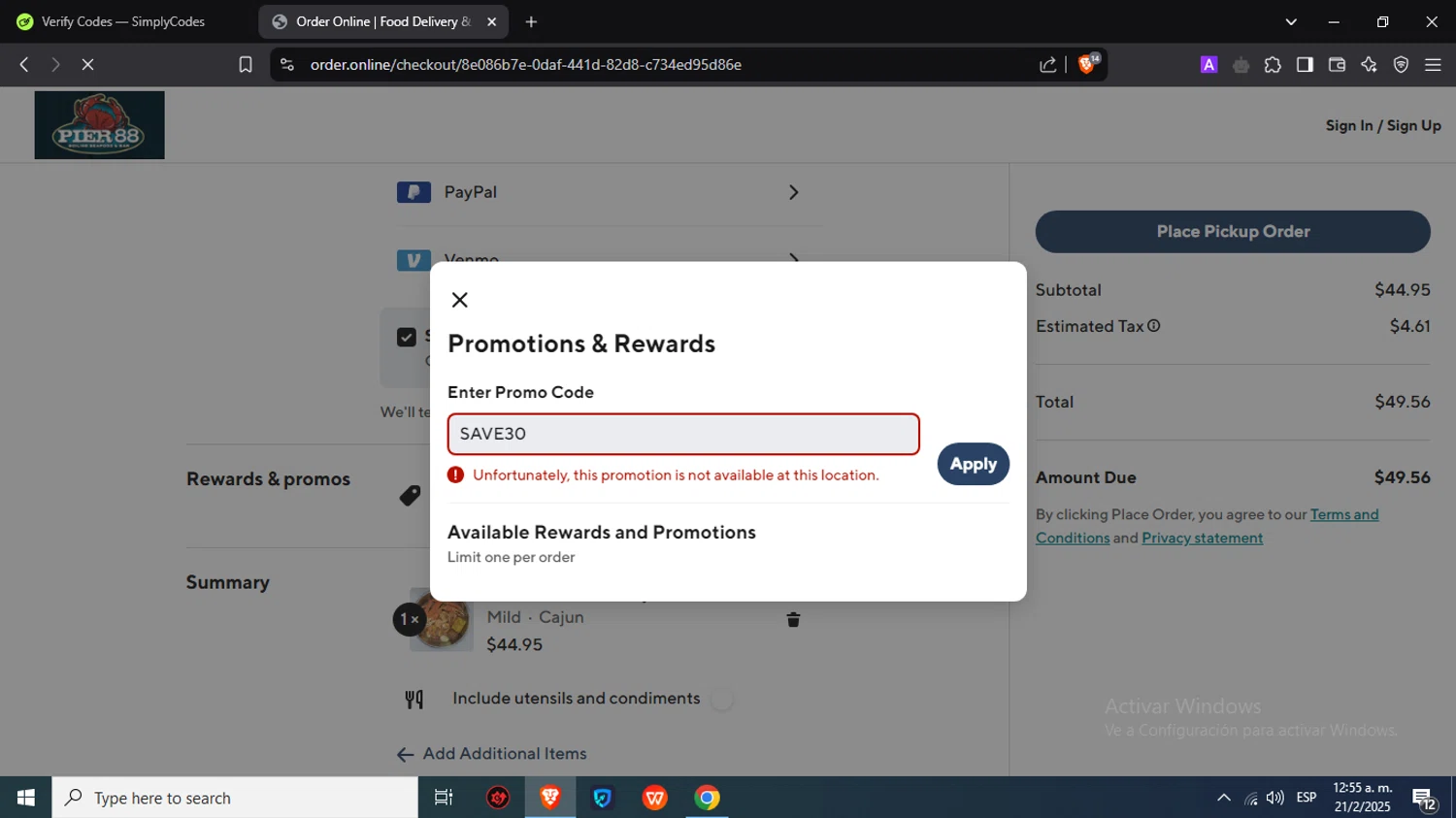 Pier 88 Boiling Seafood & Bar promo code screenshot showing code SAVE30 applied at Pier 88 Boiling Seafood & Bar checkout page. Uploaded by SimplyCodes community member Juliocesar27 on Feb 21, 2025