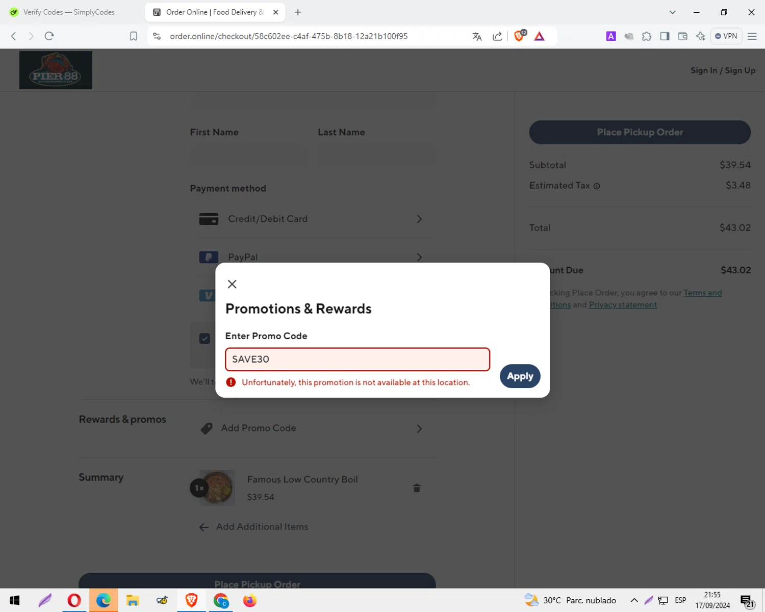 Pier 88 Boiling Seafood & Bar checkout page showing Pier 88 Boiling Seafood & Bar promo code box | Screenshot taken by SimplyCodes community member on Sep 18, 2024