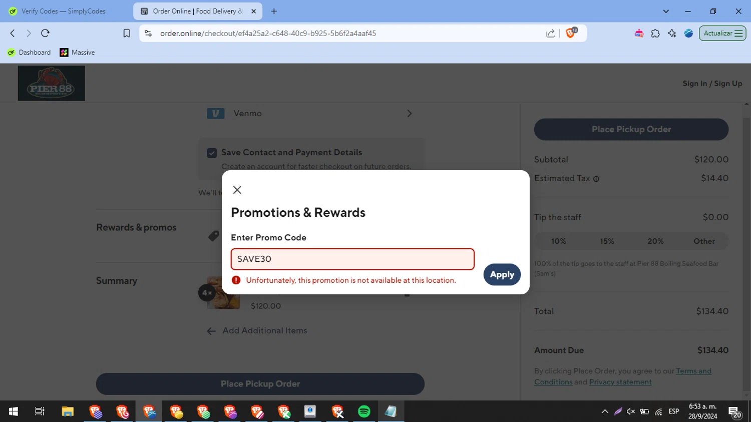 Pier 88 Boiling Seafood & Bar checkout page showing Pier 88 Boiling Seafood & Bar promo code box | Screenshot taken by SimplyCodes community member on Sep 28, 2024
