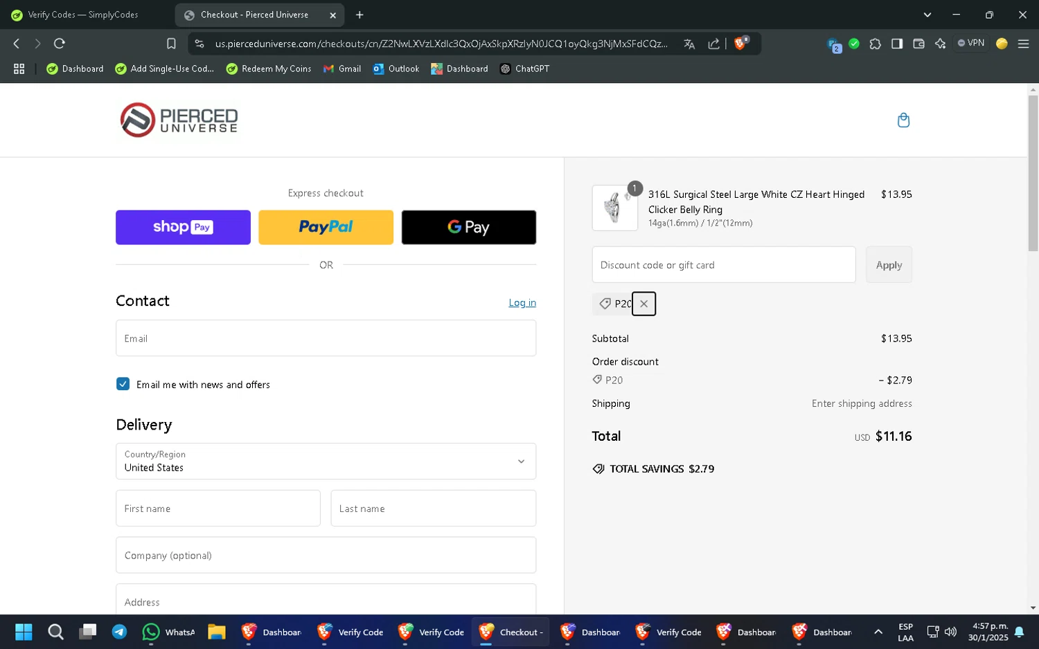 Pierced Universe coupon code screenshot showing code P20 applied at Pierced Universe checkout page. Uploaded by SimplyCodes community member CleverMonarch8868 on Jan 30, 2025