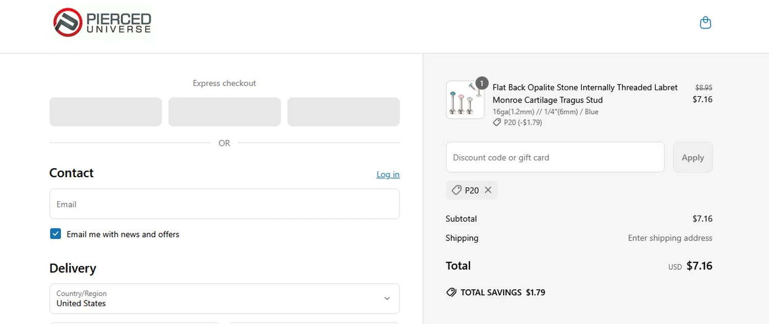 Pierced Universe coupon code screenshot showing code P20 applied at Pierced Universe checkout page. Uploaded by SimplyCodes community member BLUEBLASTOISE on May 23, 2025
