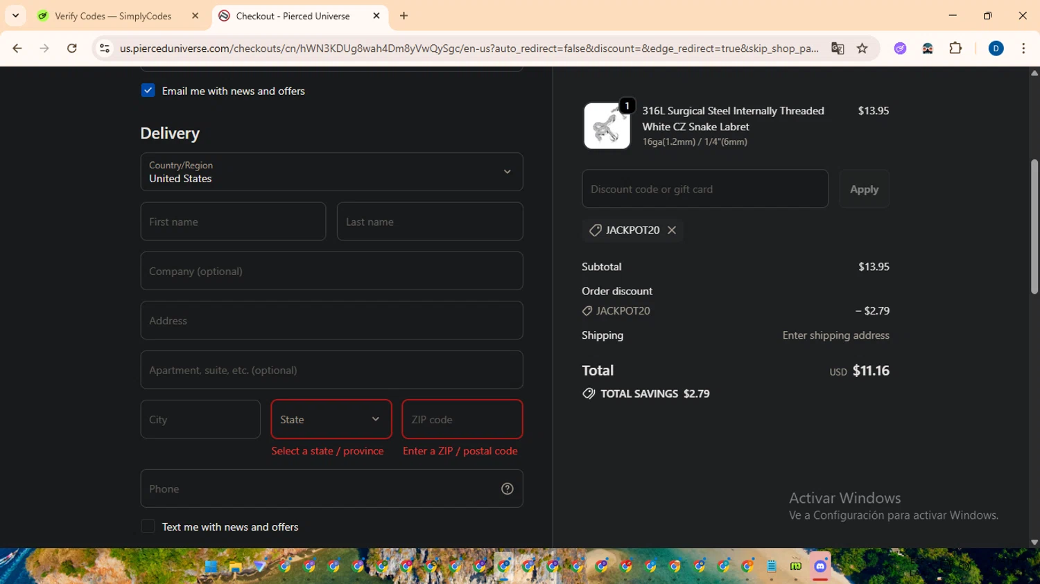 Pierced Universe coupon code screenshot showing code JACKPOT20 applied at Pierced Universe checkout page. Uploaded by SimplyCodes community member DealVoyager8768 on Sep 23, 2025
