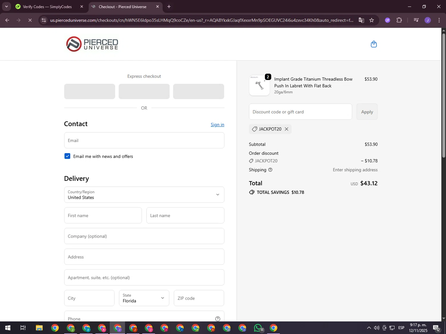 Pierced Universe coupon code screenshot showing code JACKPOT20 applied at Pierced Universe checkout page. Uploaded by SimplyCodes community member ValueHero2277 on Nov 13, 2025