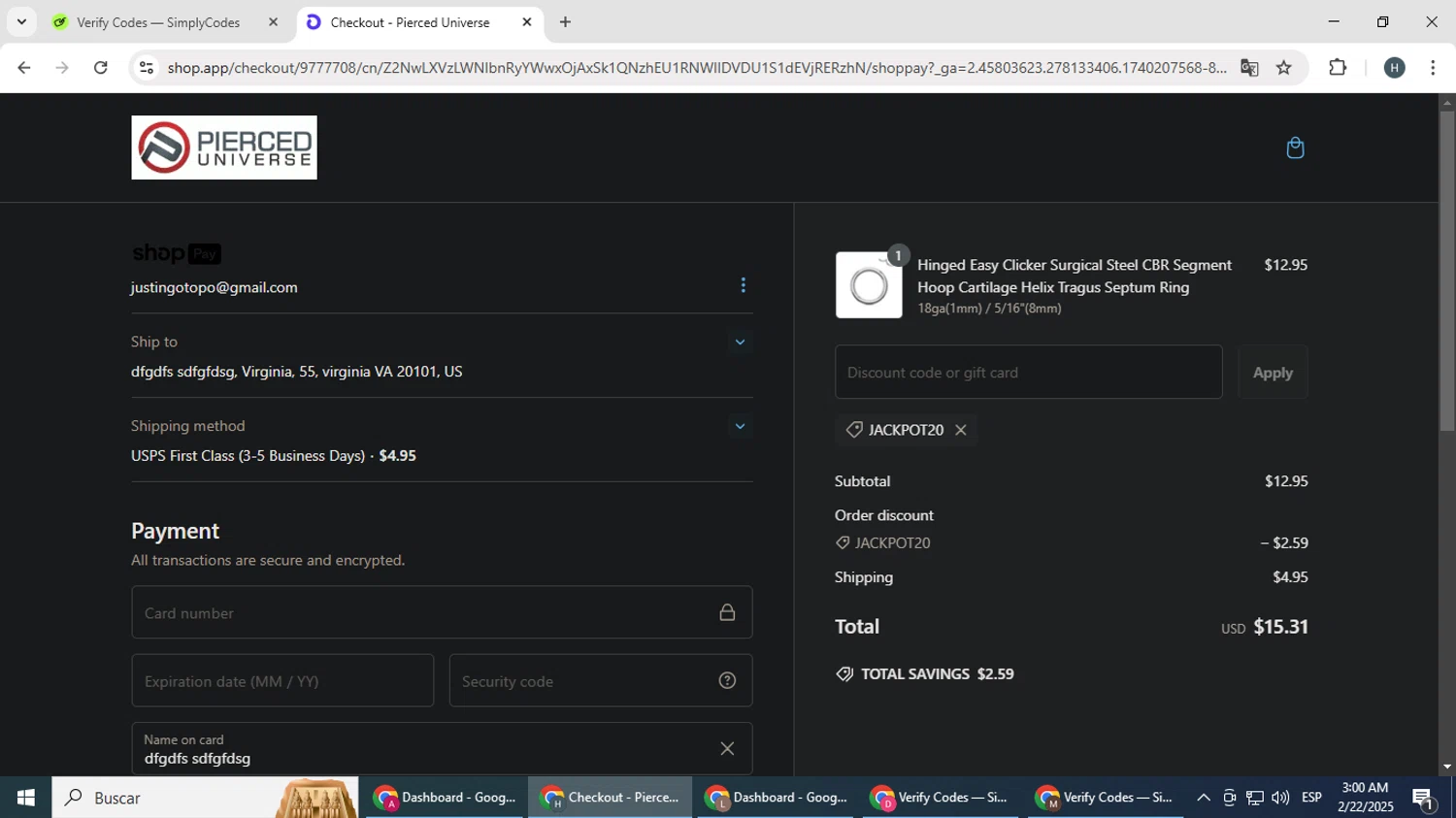 Pierced Universe coupon code screenshot showing code JACKPOT20 applied at Pierced Universe checkout page. Uploaded by SimplyCodes community member YAMAHA on Feb 22, 2025