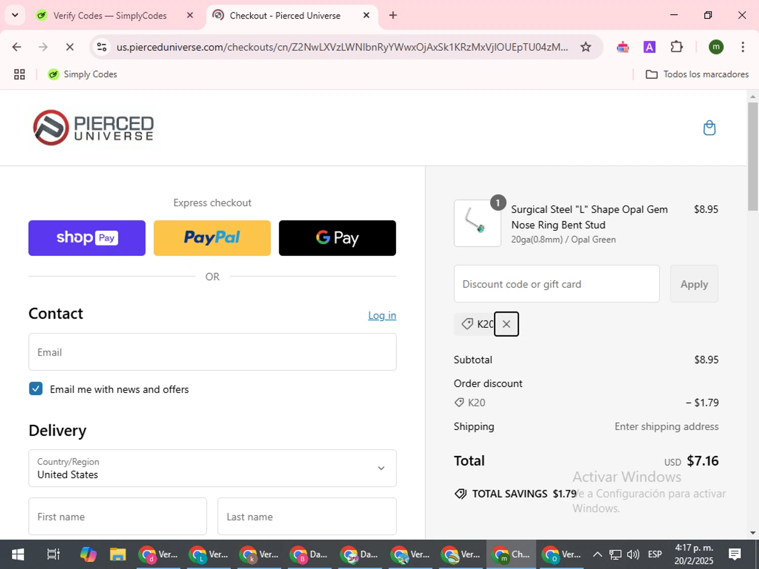 Pierced Universe coupon code screenshot showing code k20 applied at Pierced Universe checkout page. Uploaded by SimplyCodes community member VoucherCollector9196 on Feb 20, 2025