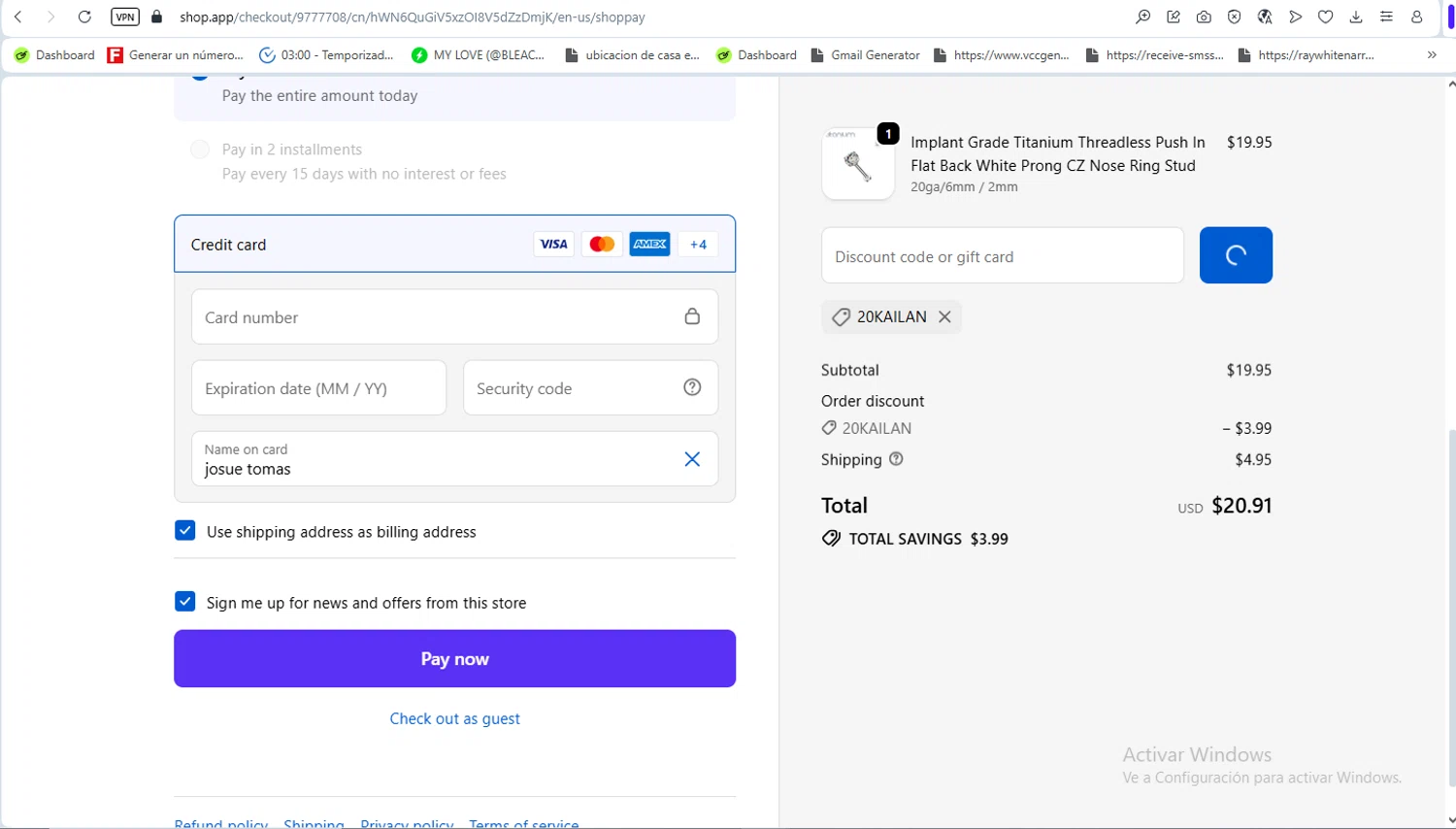 Pierced Universe coupon code screenshot showing code 20KAILAN applied at Pierced Universe checkout page. Uploaded by SimplyCodes community member ScanSaver5253 on Dec 14, 2025