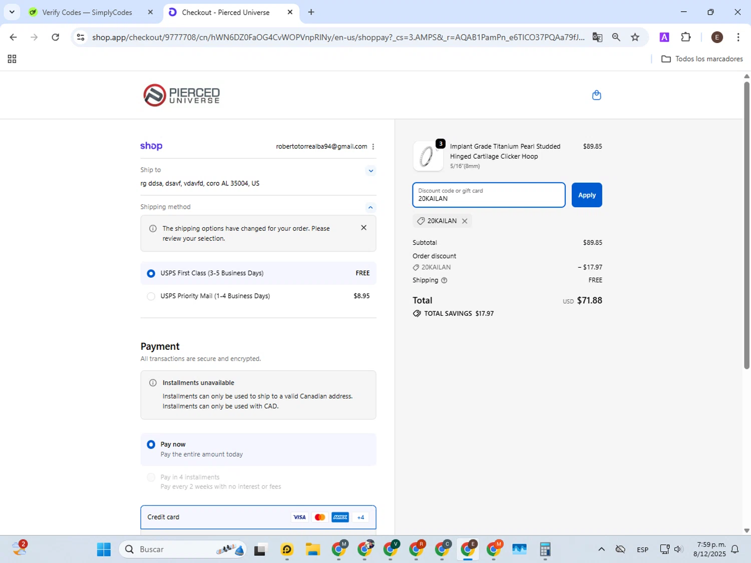 Pierced Universe coupon code screenshot showing code 20KAILAN applied at Pierced Universe checkout page. Uploaded by SimplyCodes community member WonderPilot3689 on Dec 9, 2025
