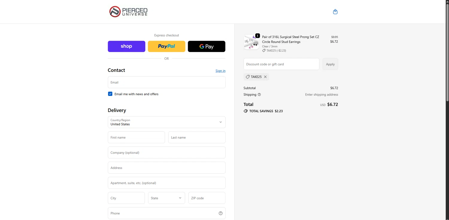 Pierced Universe coupon code screenshot showing code TAKE25 applied at Pierced Universe checkout page. Uploaded by SimplyCodes community member RoyalVirtuoso4479 on Dec 9, 2025