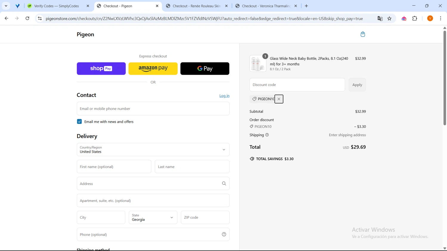 Pigeon Shop promo code screenshot showing code PIGEON10 applied at Pigeon Shop checkout page. Uploaded by SimplyCodes community member GoldFox1696 on Mar 11, 2025