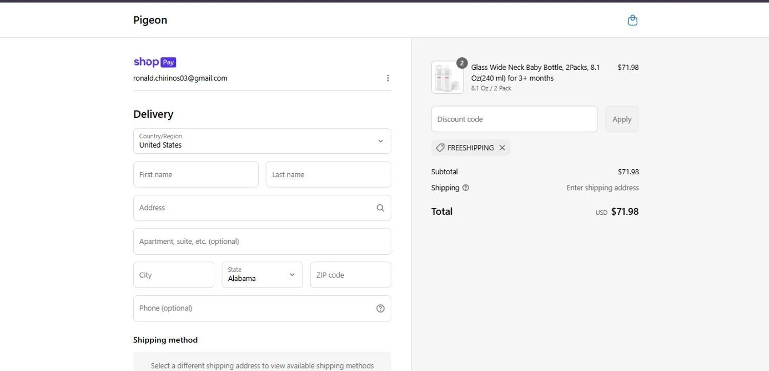 Pigeon Shop promo code screenshot showing code FREESHIPPING applied at Pigeon Shop checkout page. Uploaded by SimplyCodes community member FortunateElite5130 on Jul 17, 2025