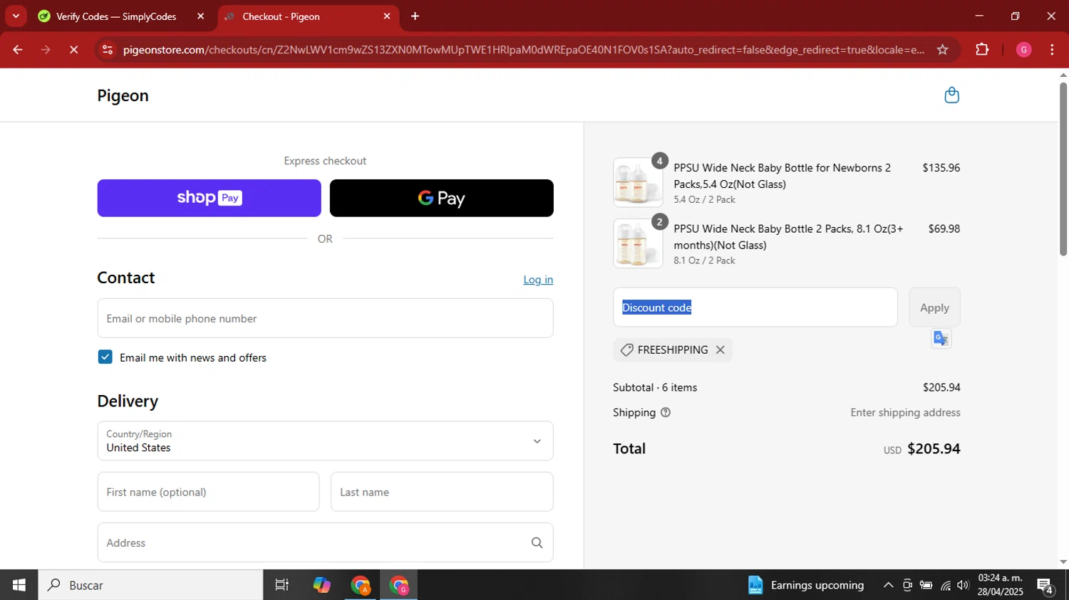 Pigeon Shop promo code screenshot showing code FREESHIPPING applied at Pigeon Shop checkout page. Uploaded by SimplyCodes community member GGGilbert on Apr 28, 2025
