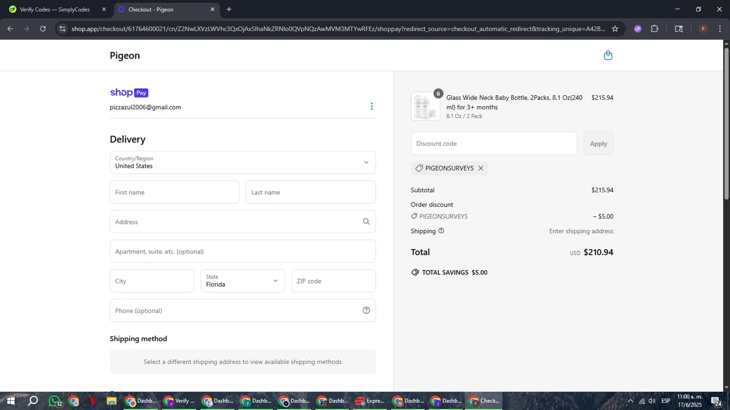 Pigeon Shop promo code screenshot showing code PigeonSurvey5 applied at Pigeon Shop checkout page. Uploaded by SimplyCodes community member ExtraordinaryHunter3076 on Jun 17, 2025
