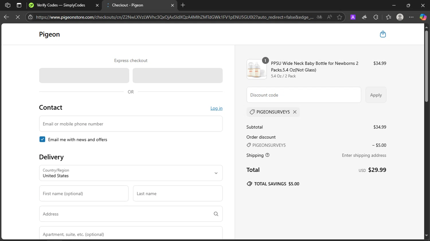 Pigeon Shop promo code screenshot showing code PigeonSurvey5 applied at Pigeon Shop checkout page. Uploaded by SimplyCodes community member JuanChi on Jun 4, 2025