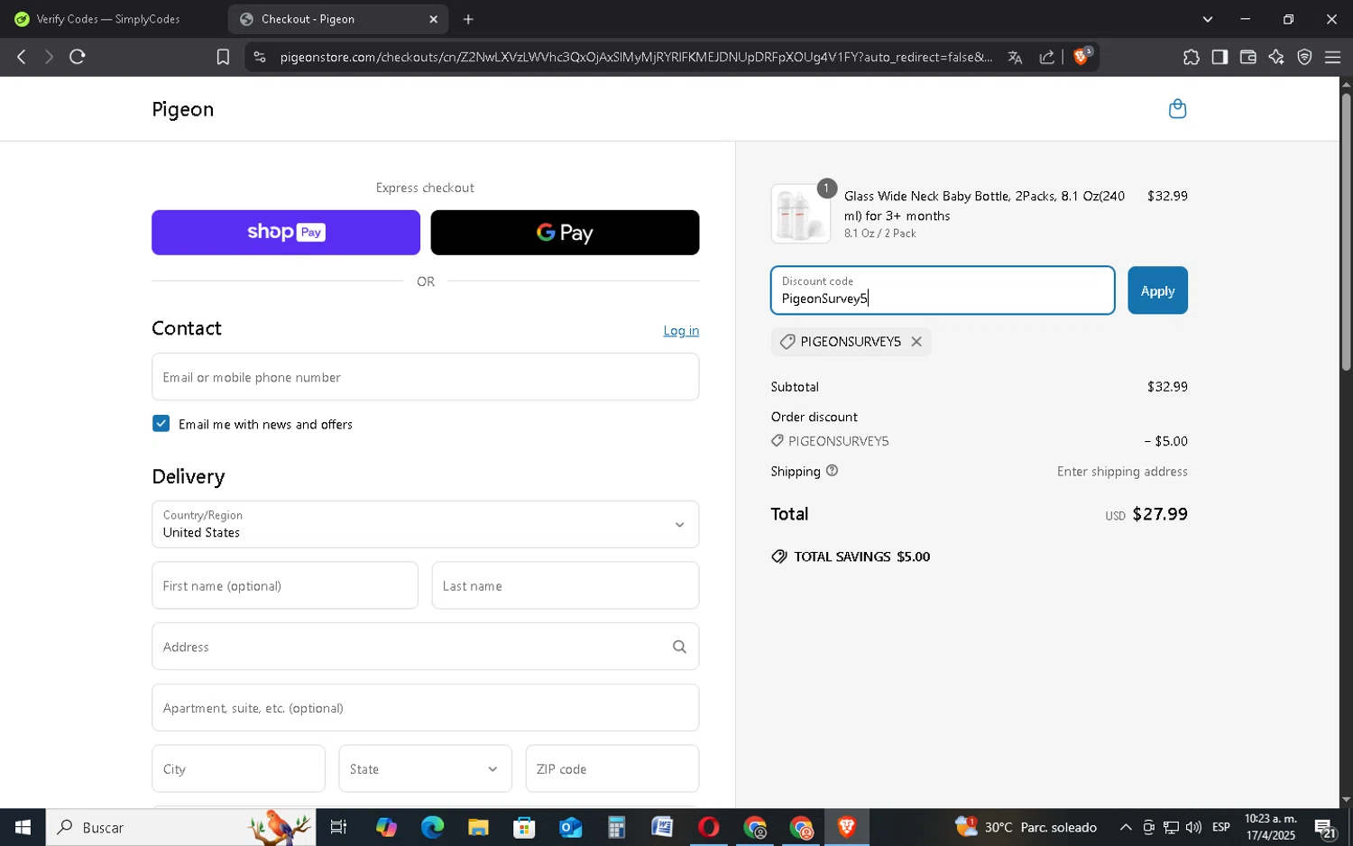 Pigeon Shop promo code screenshot showing code PigeonSurvey5 applied at Pigeon Shop checkout page. Uploaded by SimplyCodes community member FrugalMonarch7277 on Apr 17, 2025
