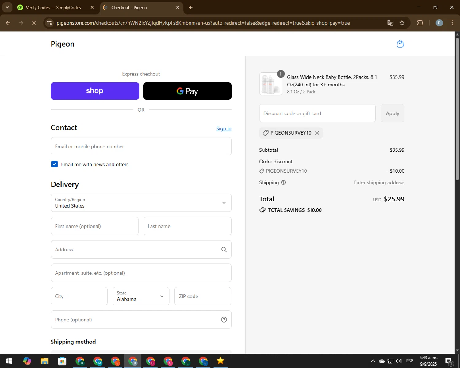 Pigeon Shop promo code screenshot showing code PigeonSurvey10 applied at Pigeon Shop checkout page. Uploaded by SimplyCodes community member CodeVoyager5621 on Sep 9, 2025