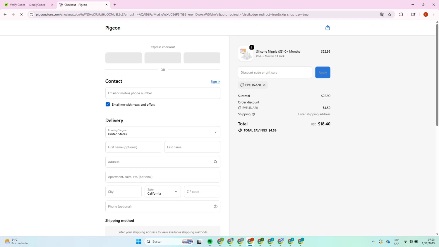 Pigeon Shop promo code screenshot showing code EVELINA20 applied at Pigeon Shop checkout page. Uploaded by SimplyCodes community member Collug on Dec 2, 2025
