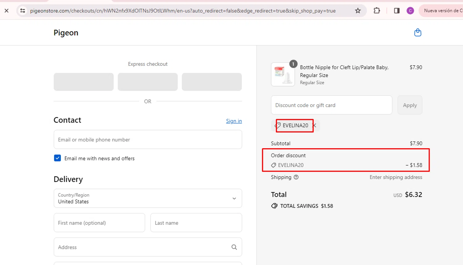 Pigeon Shop promo code screenshot showing code EVELINA20 applied at Pigeon Shop checkout page. Uploaded by SimplyCodes community member nileskamarcano on Sep 10, 2025