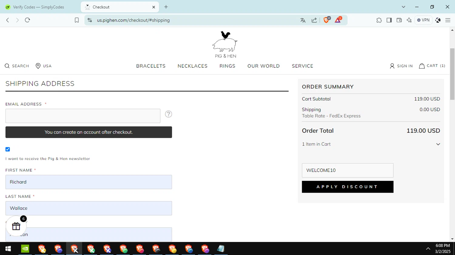 Pig & Hen US promo code screenshot showing code WELCOME10 applied at Pig & Hen US checkout page. Uploaded by SimplyCodes community member Aguaita_coco on Mar 2, 2025